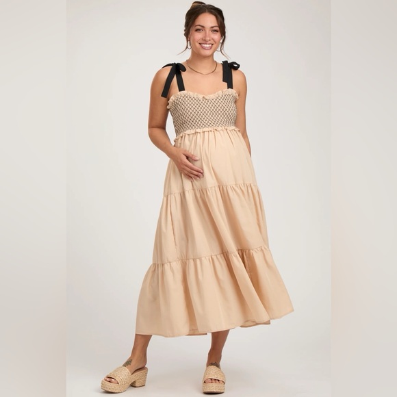Beige Sleeveless Tiered Colorblock Maternity Maxi dress - Picture 2 of 5